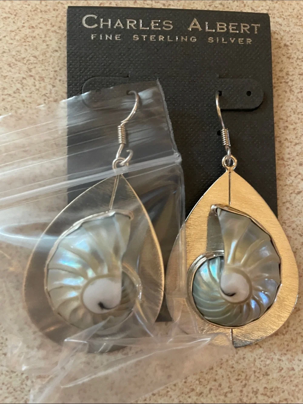 Charles Albert Blue-Green Iridescent Nautilus Teardrop Earrings